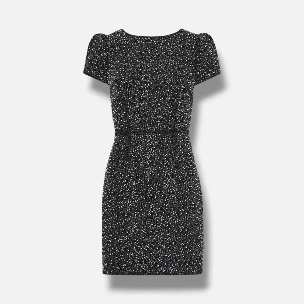 Milly Women's Black Beaded Tweed Round Neck Short Sleeve Rowen Dress Size 10